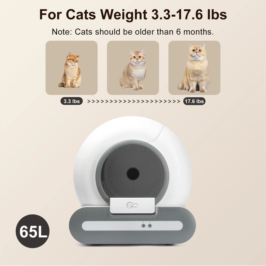 65L Self-Cleaning Cat Litter Box.  Only Supports 2.4G Wi-Fi.  Comes with Litter Mat & Trash Bags.