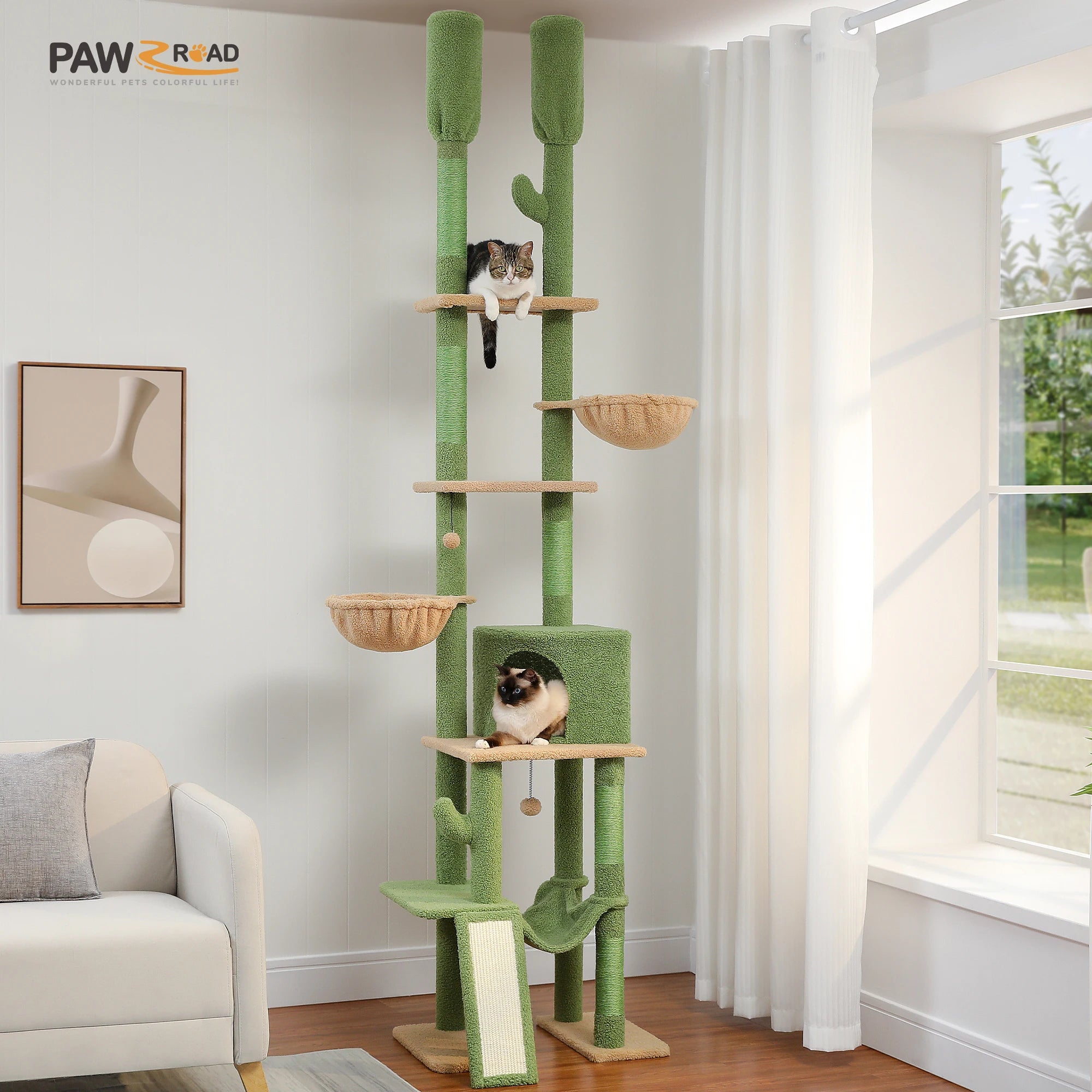 Cactus Cat Tree Tower 7 Tiers Cat Climbing Tree with Hammocks, Condos, Scratching Posts, Ladder and Cat Toys.
