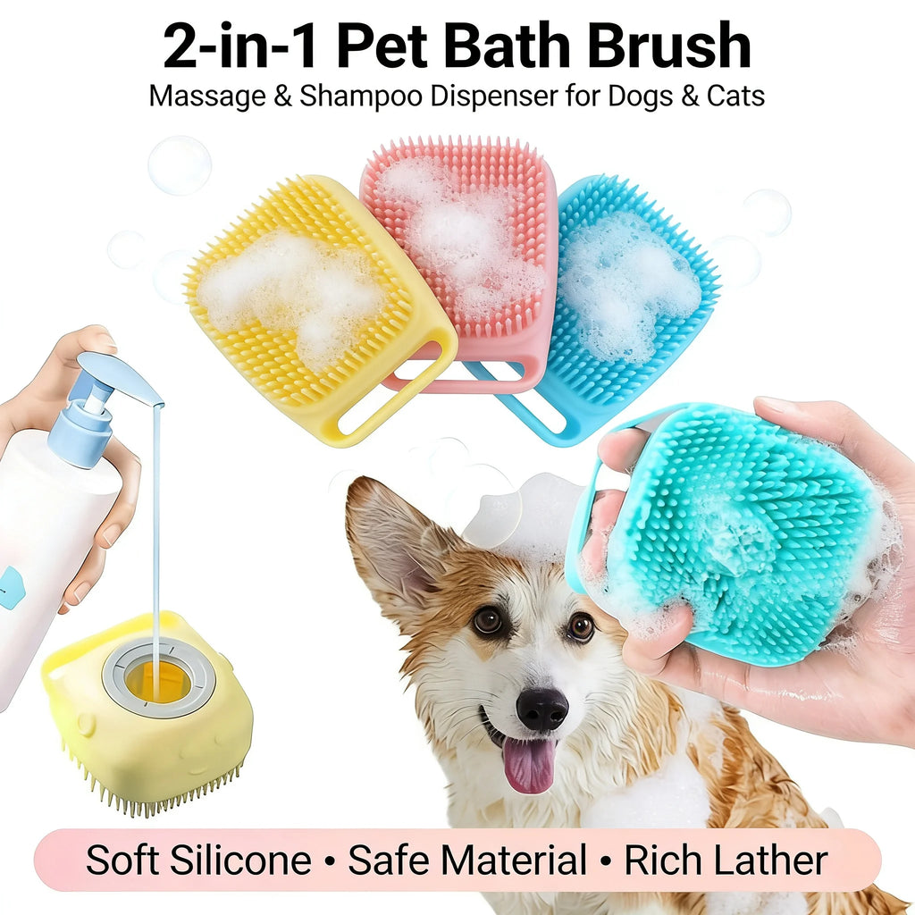 Pet Bath and Massage Brush with Shampoo Storage Silicone.