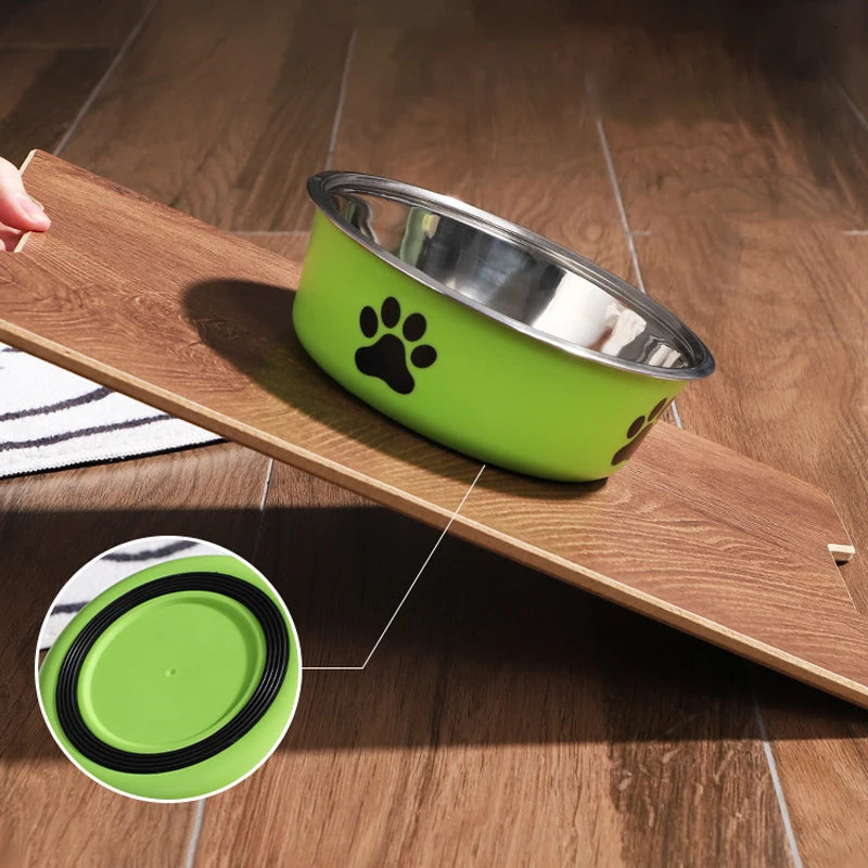 A Pet Stainless Steel Bowl  with  Paw Prints.
