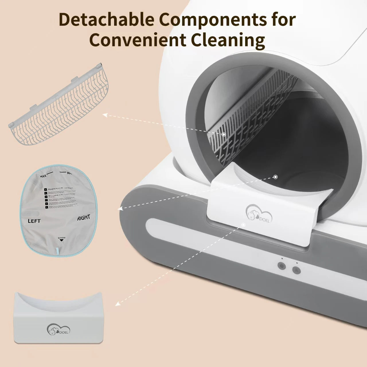 65L Self-Cleaning Cat Litter Box.  Only Supports 2.4G Wi-Fi.  Comes with Litter Mat & Trash Bags.