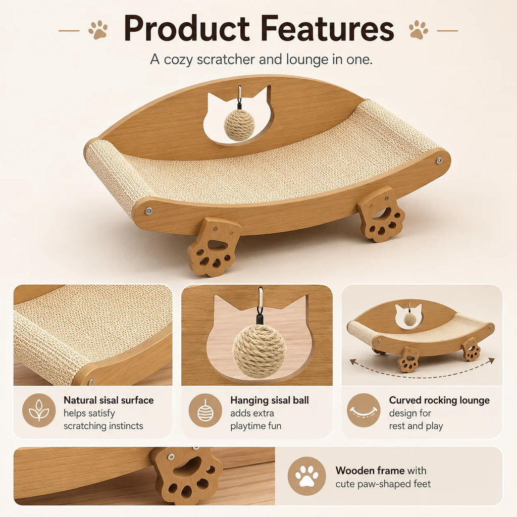 Large Sisal Cat Scratching Lounge Chair with Ball Toy, Wooden Rocking Sofa Bed for Indoor Cats to Scratch, Rest and Play.