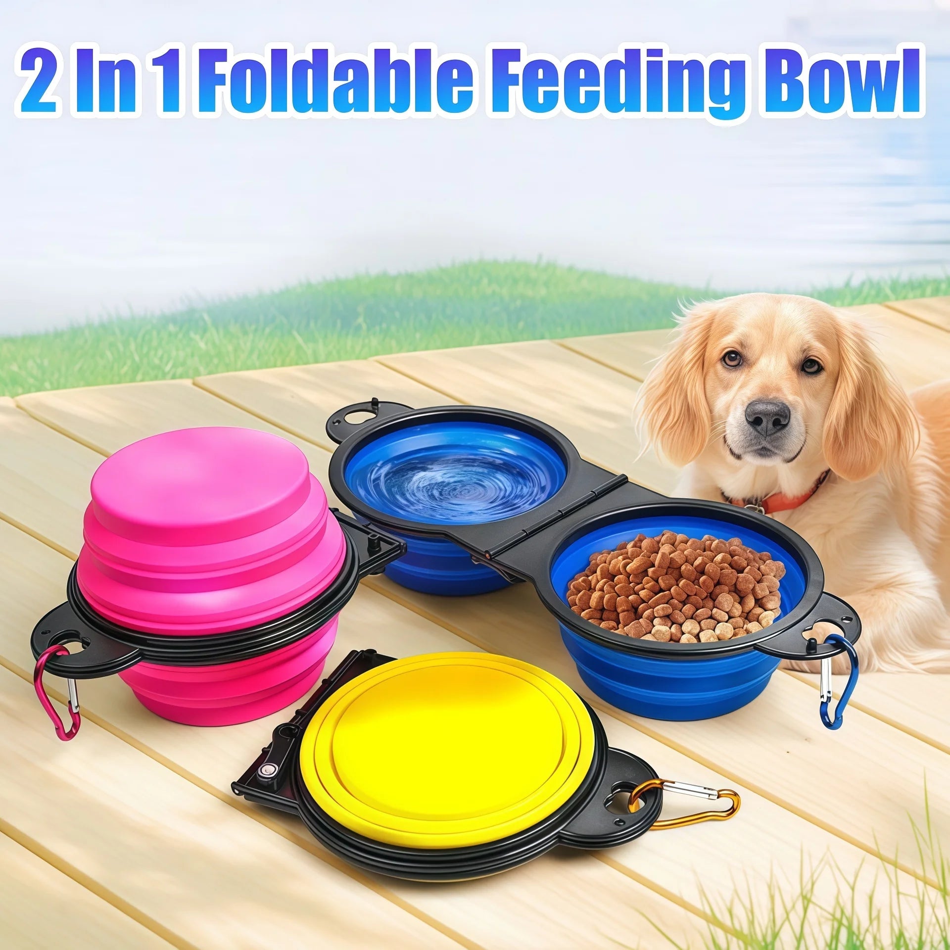 2 in 1 Collapsible Double Dog Travel Bowl.  Folding Bowl Allows One Side for Food and the Other for Water.