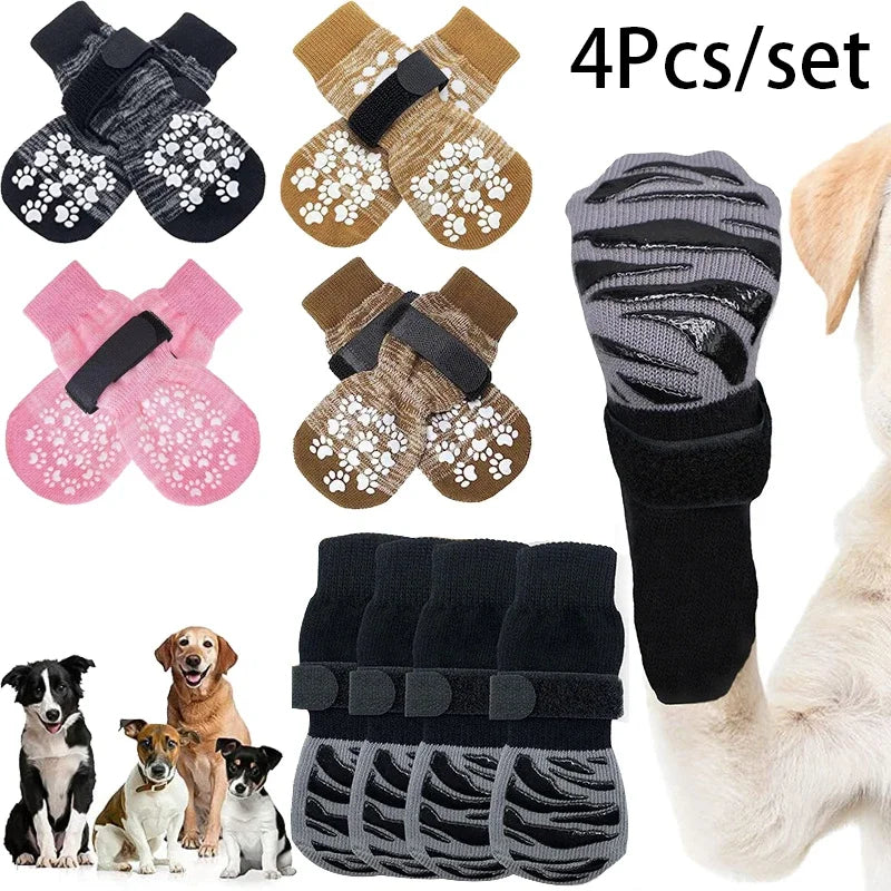 4 Pieces per set Anti-Slip Dog Socks with Straps Traction Control for Indoor on Hardwood Floors.