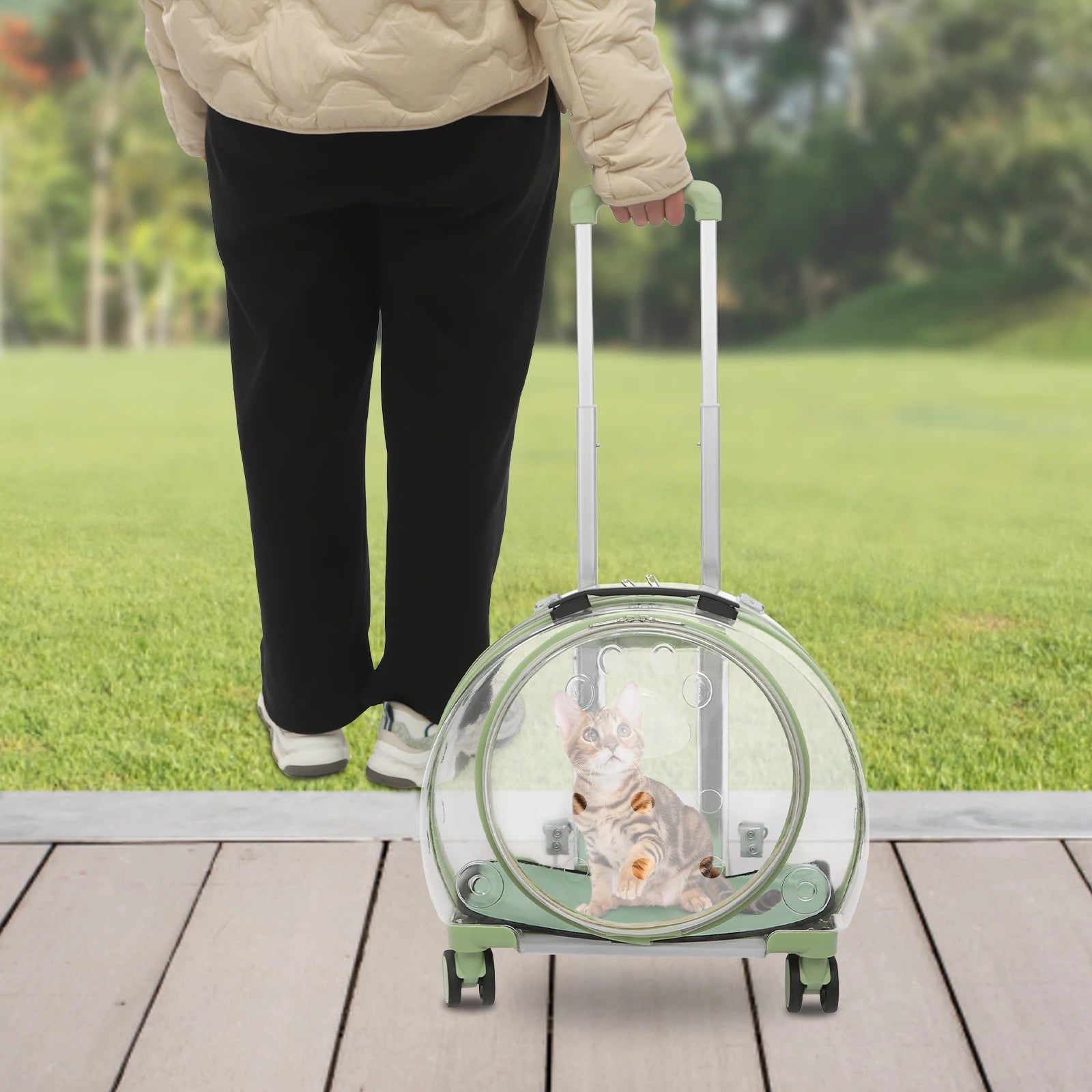 Rolling Cat Carrier with Wheels.  Telescopic Handle,  Pet Travel Bag,  Clear Bubble and Backpack for Vet Trip and Outdoors.  Cat Weight Limit 19.84 lb.