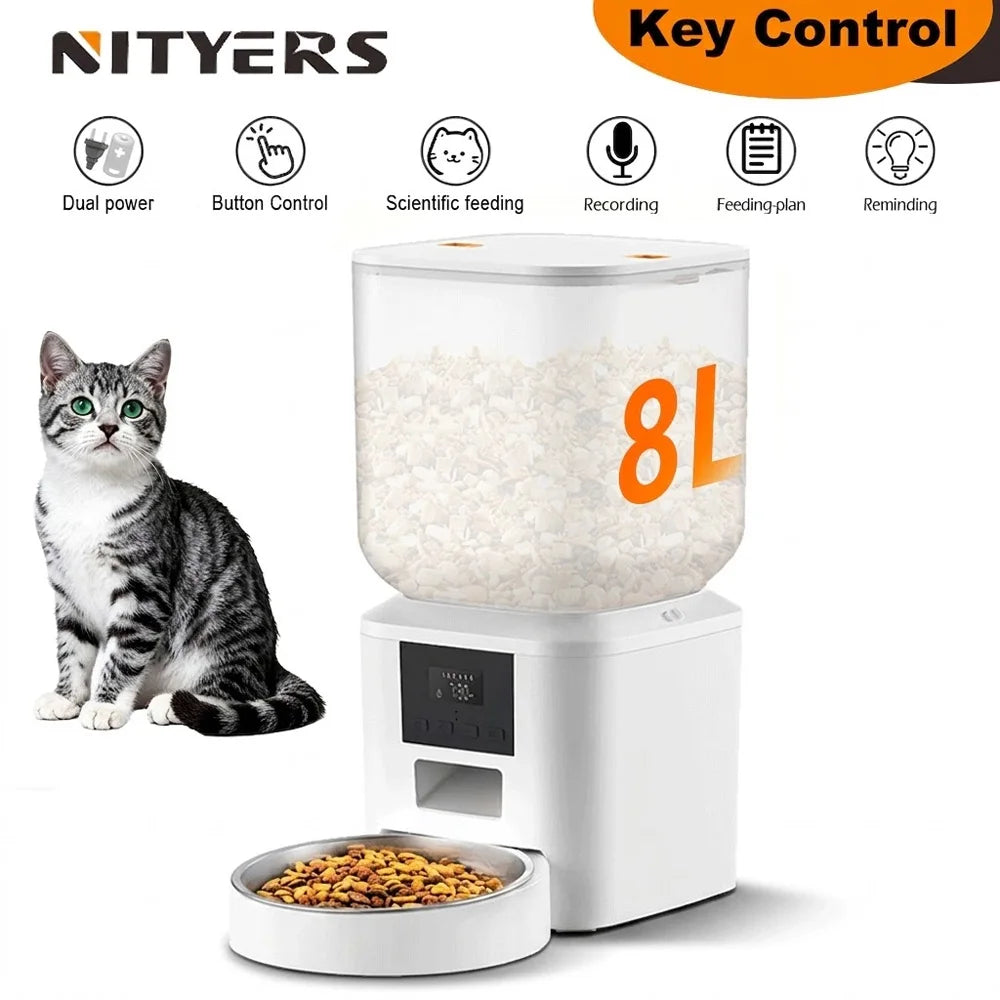 8 L Automatic Cat Feeder, Smart Pet Food Dispenser with Key Control, Voice Recorder, Dual Power Supply, Timed Auto Dog Feeder with Stainless Steel Bowl.
