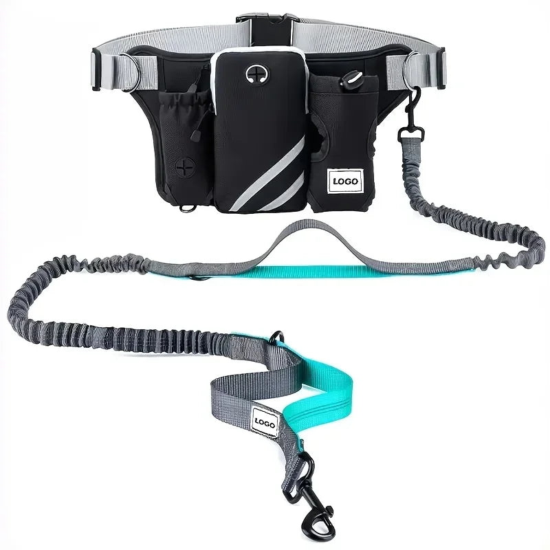 Retractable Dual Dog Leash with Spring Design.  Adjustable Waist Bag with Reflective Stitching for Running, Walking, Hiking and  Cycling for  medium and large dogs.