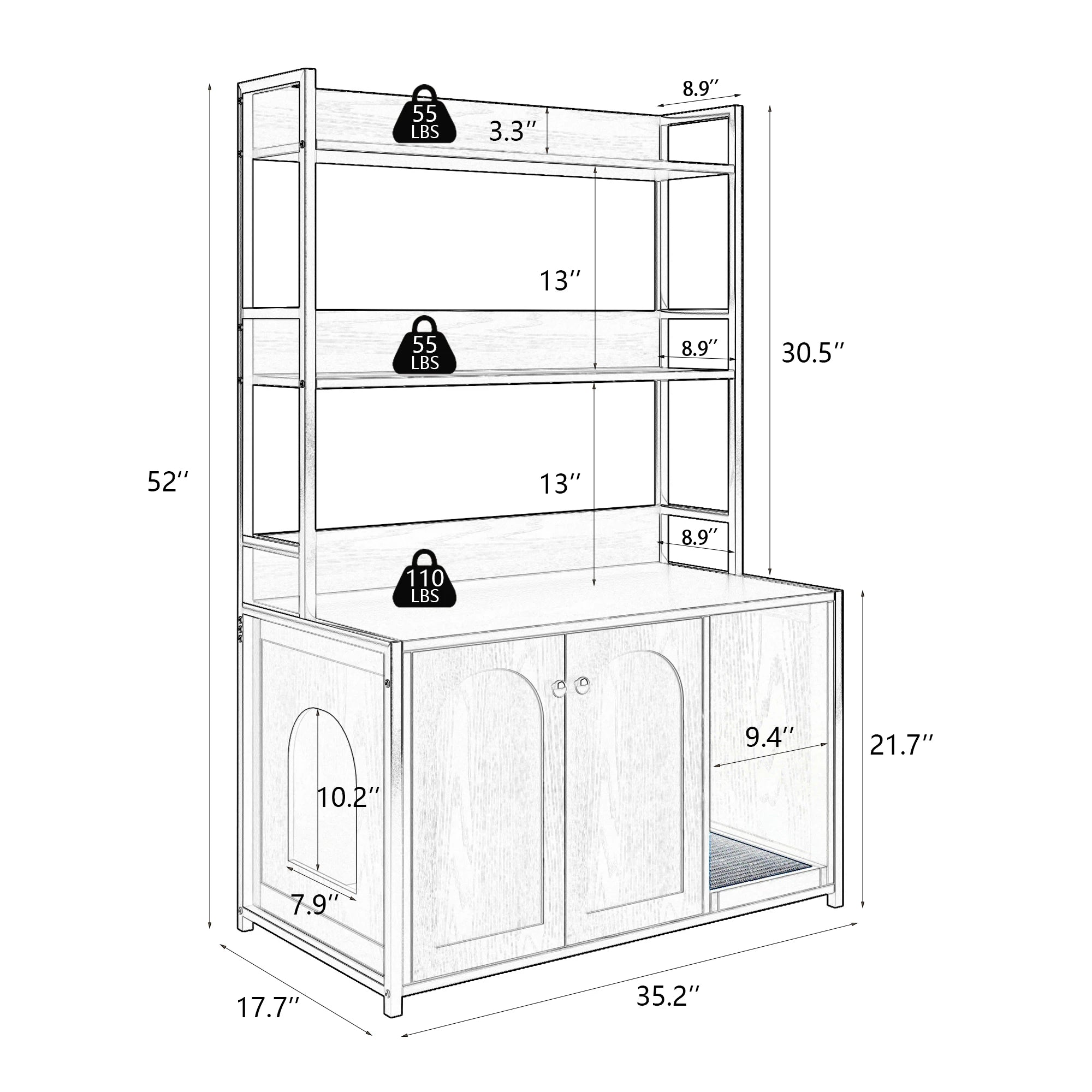 Wood Cat Litter Box Enclosure.  Furniture with Shelves. Indoor Cat Area with Scratch Pad.
