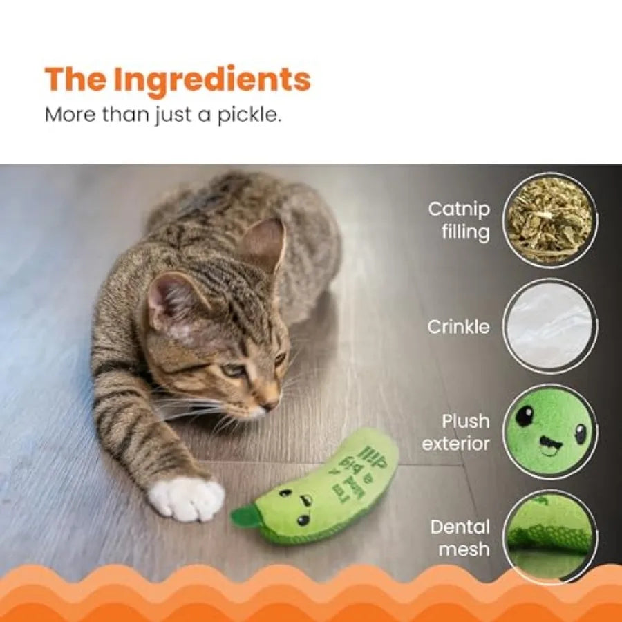Crunchy Pickle Kicker Cat Toy.  Plush Crinkle Toy with Catnip and Dental Mesh, 6.5".
