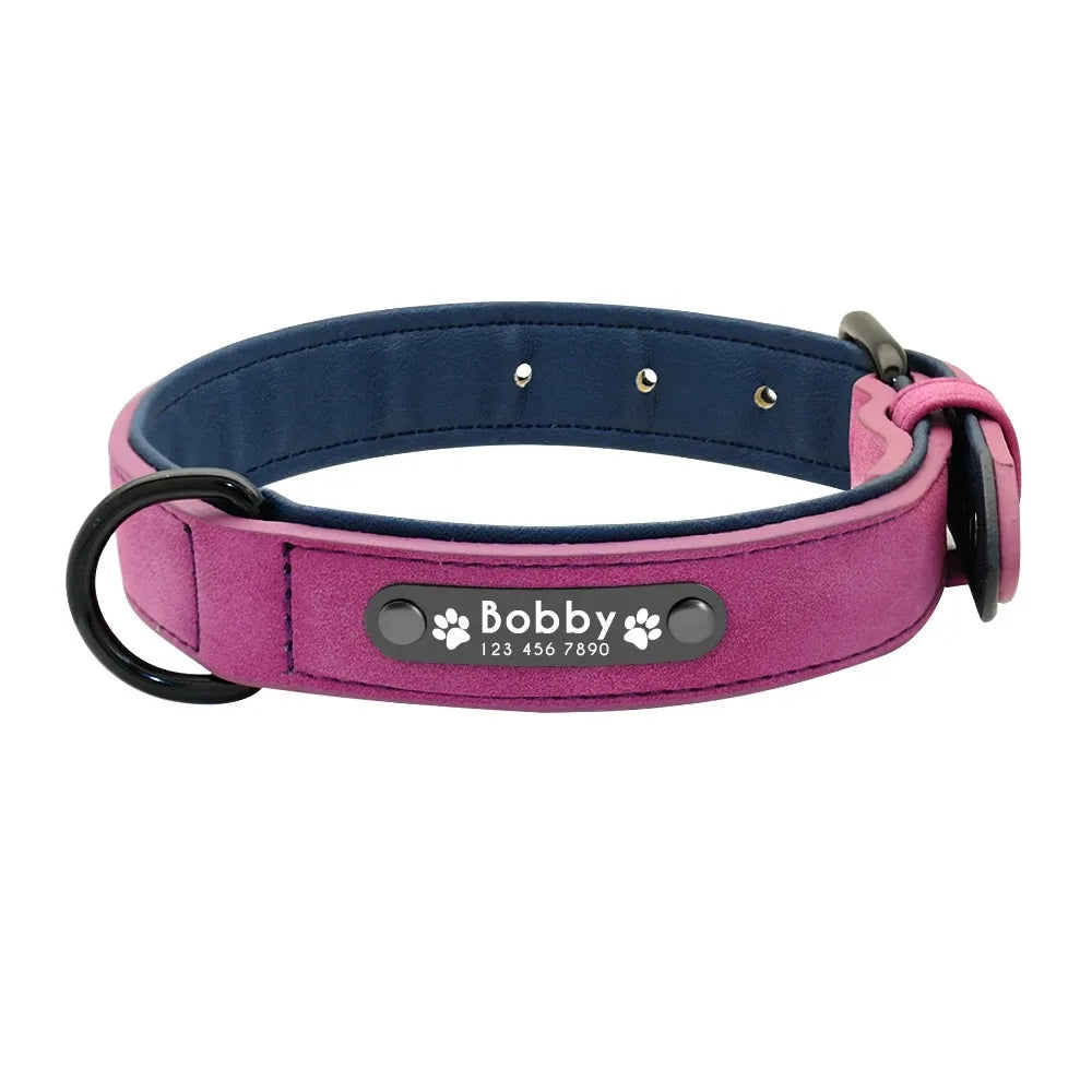 Personalized Name ID Tag Leather Dog Collar for Small, Medium and Large Dogs.