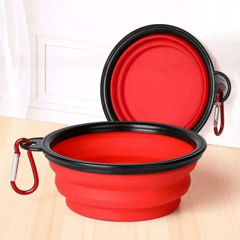 2 in 1 Collapsible Double Dog Travel Bowl.  Folding Bowl Allows One Side for Food and the Other for Water.