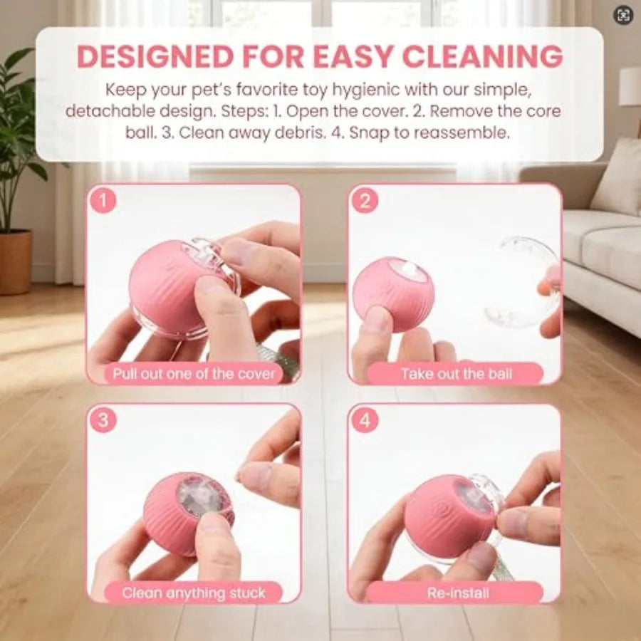 Rechargeable Smart Rolling Cat Ball.  Automatic Interactive Cat Toy with 3 Modes, LED Light and 3 Replaceable Accessories.  Indoor Floors or Carpets are Suitable.