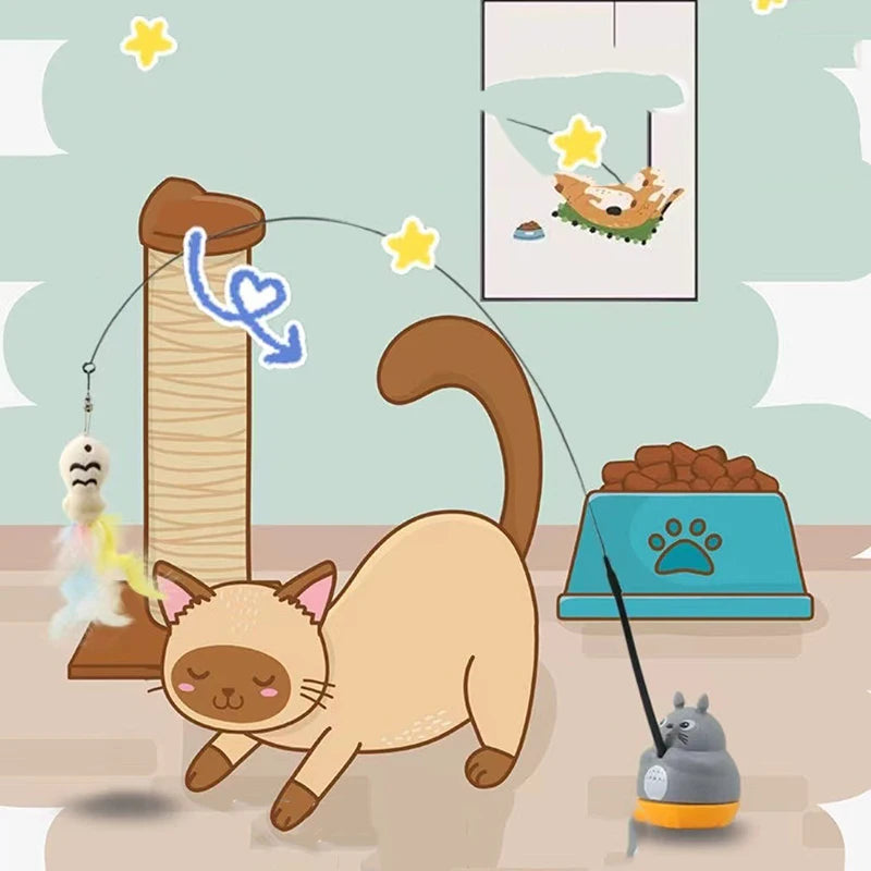 Long Steel Wire Cat Stick with Feathers with a Rotatable Base Unit.