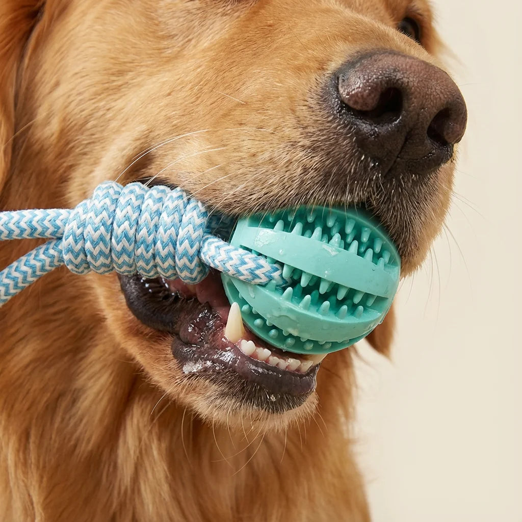 Cotton Rope & Rubber Dog Chew Ball. Durable Treat Dispenser Toy.  Keeps Dog Interactive and solves boredom.