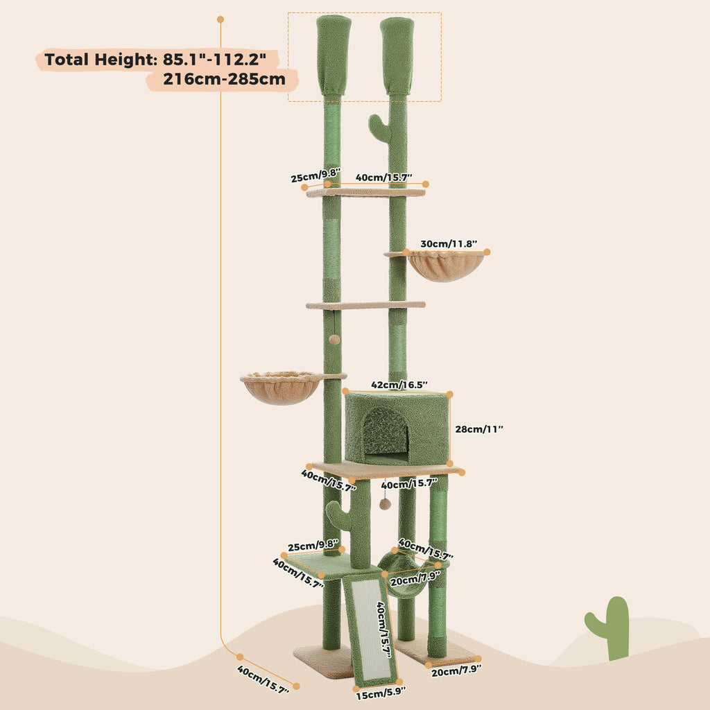 Cactus Cat Tree Tower 7 Tiers Cat Climbing Tree with Hammocks, Condos, Scratching Posts, Ladder and Cat Toys.