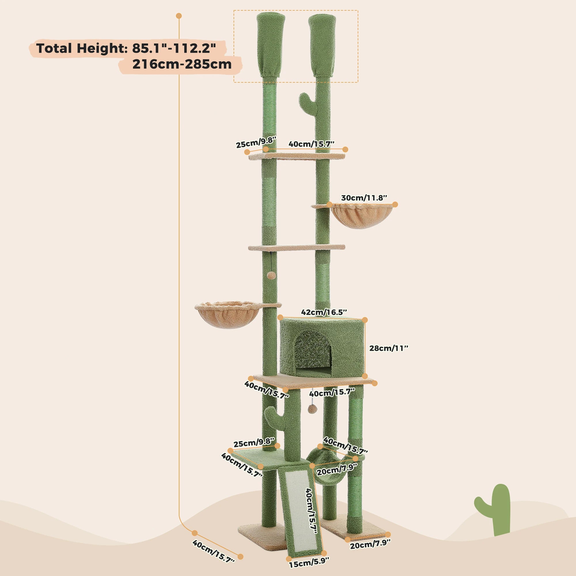 Cactus Cat Tree Tower 7 Tiers Cat Climbing Tree with Hammocks, Condos, Scratching Posts, Ladder and Cat Toys.