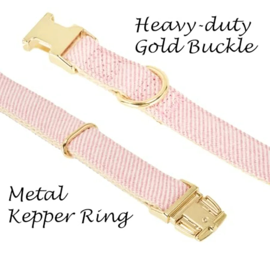 Luxury Soft Cotton Tweed Fabric Dog Collar and Leash Set with Gold Buckle.  Durable Fabric and  Stylish Design for Everyday Walks.