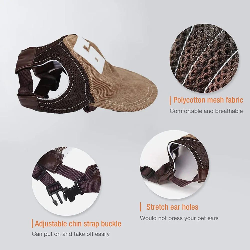 Dog Baseball Sports Hat with Adjustable Ear Holes.  Pet Hat for Small, Medium and  Large Dogs