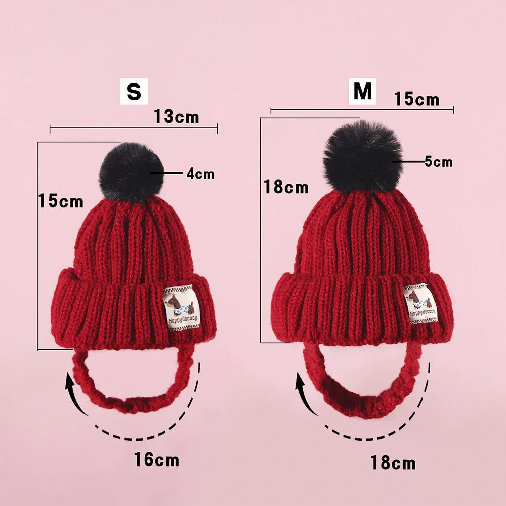 Winter Knitted Dog Hat with Plush Ball and Windproof.