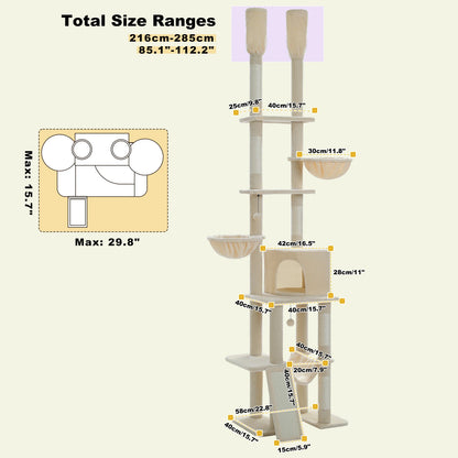 Floor to Ceiling Cat Tree with Scratching Posts and a Hammock for Indoor Cats with Toys.
