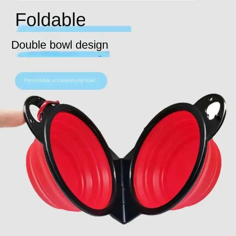 2 in 1 Collapsible Double Dog Travel Bowl.  Folding Bowl Allows One Side for Food and the Other for Water.