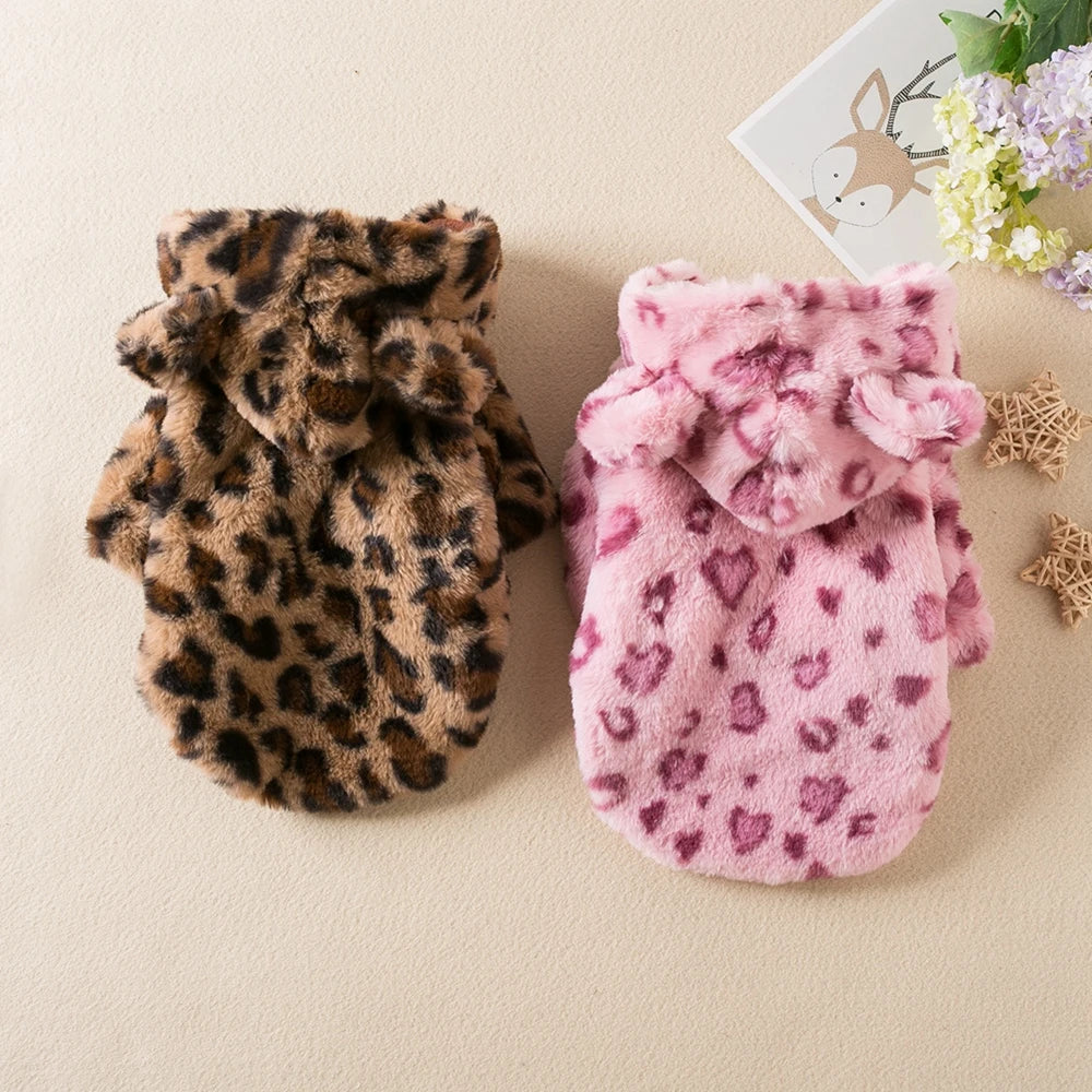 Warm Fleece Dog Hoodie,  Leopard Dog Coat for Small Medium Dogs Pet Costumes