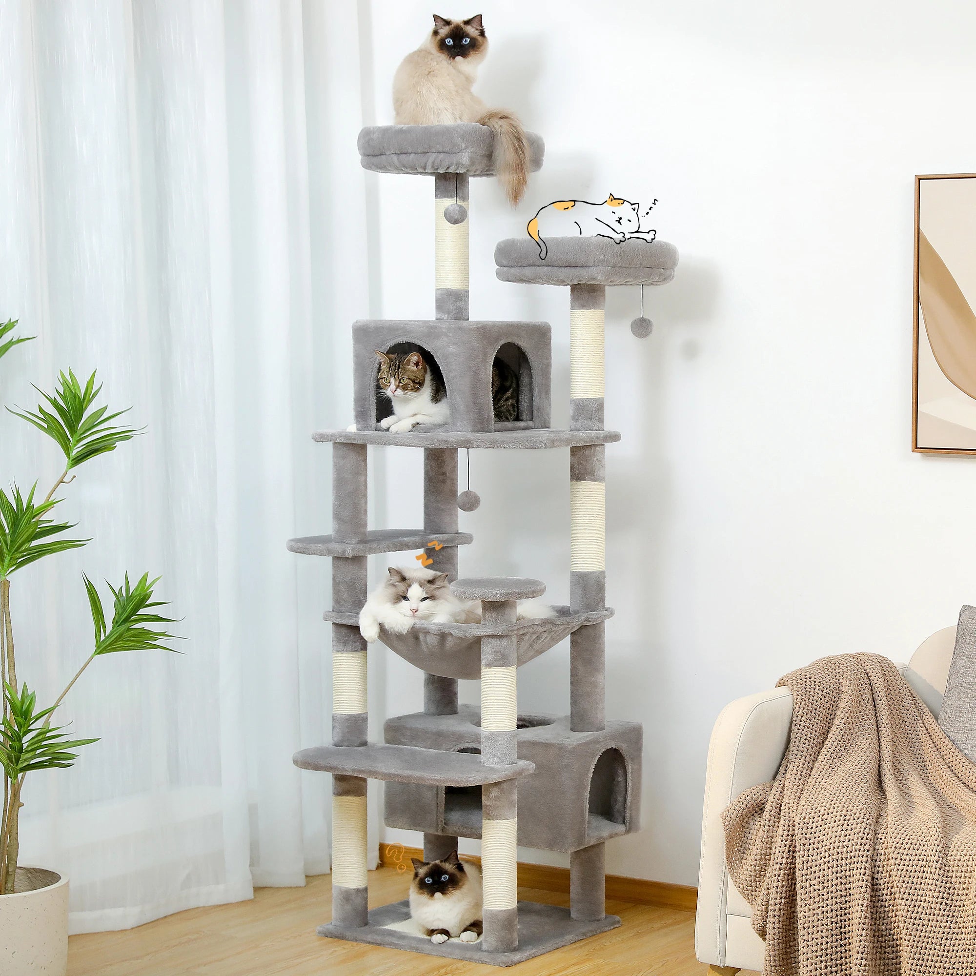 Large Cat Tree Tower Condo for Indoor Cats with Scratching Posts, Hammock, Perches and Toys.