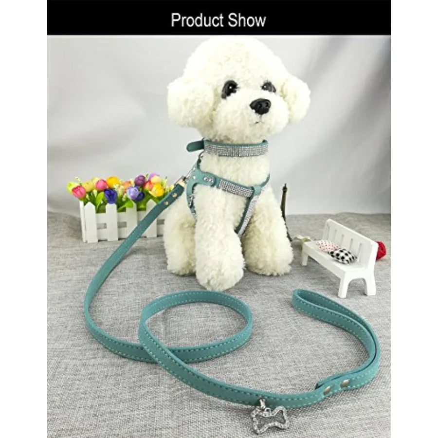 Dog Collar with Harness and Leash Sets.  Fashion Dog Collar Diamante with Harnesses and Leashes. Comfortable Soft Collar Harness and Leash.