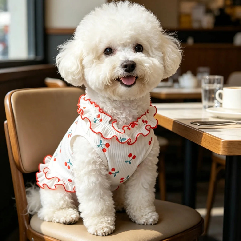 1Piece Cute Cherry Ruffle Dress for Small Dogs, Comfortable Anti-Static Dog Skirt for Summer.