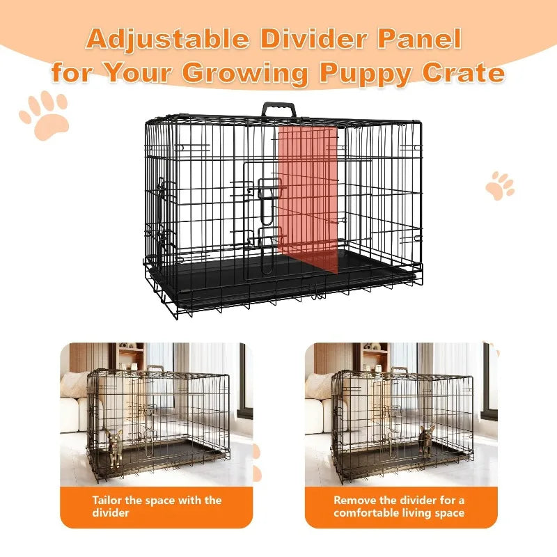 Dog Crate 36 Inch Medium Dog Cage with Divider.  Leak-Proof Tray,  Double Door,  Folding Metal Wire Cage, Indoor, Outdoor and Travel Use.