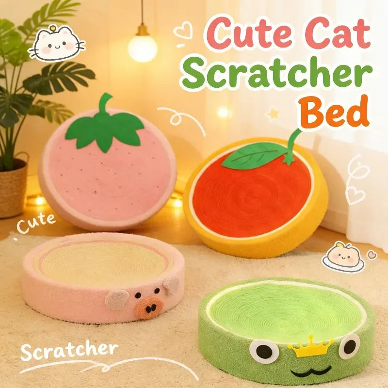 Cute Cartoon Cat Scratcher Bed Round Sisal Scratch Pad with Soft Plush Edge Wear-Resistant.  For Indoor Cat.