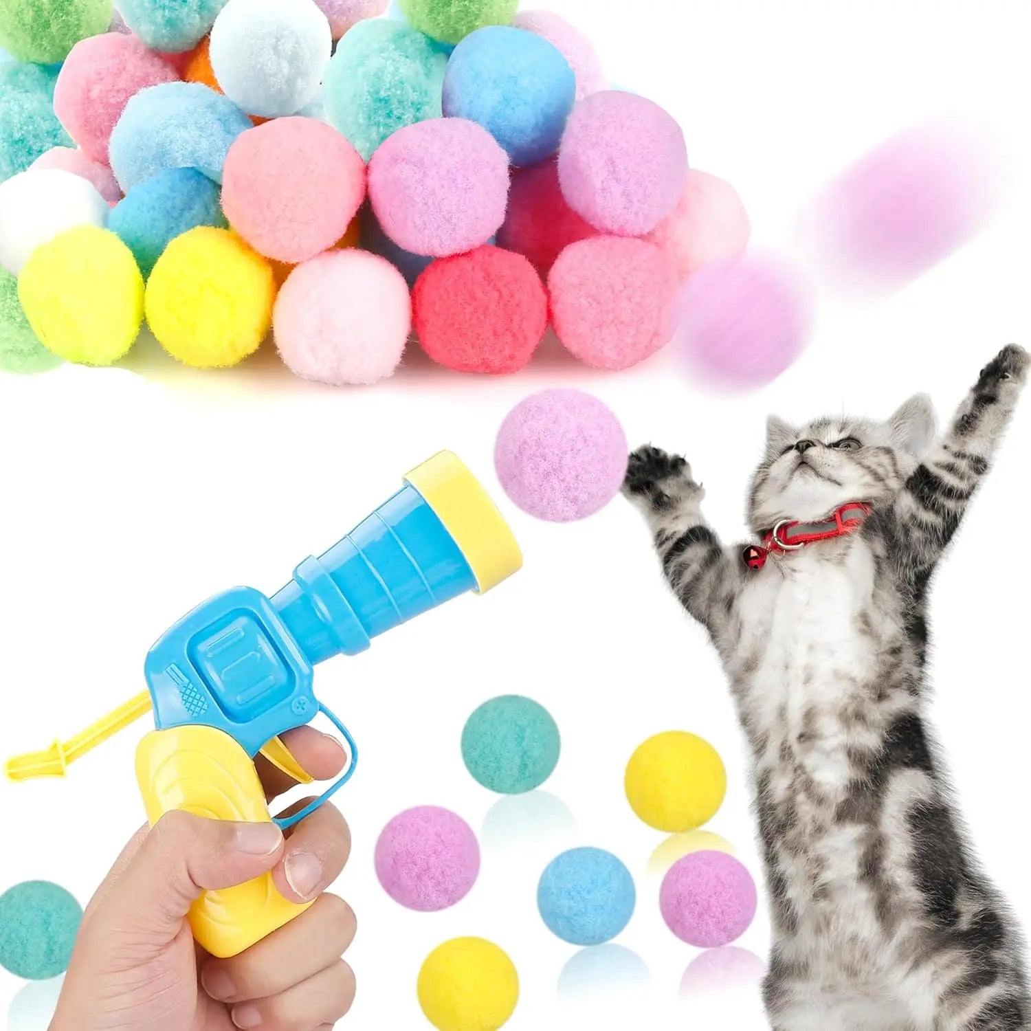 Cat Ball Toy Launcher Gun with 30 Plush Fuzzy Balls.