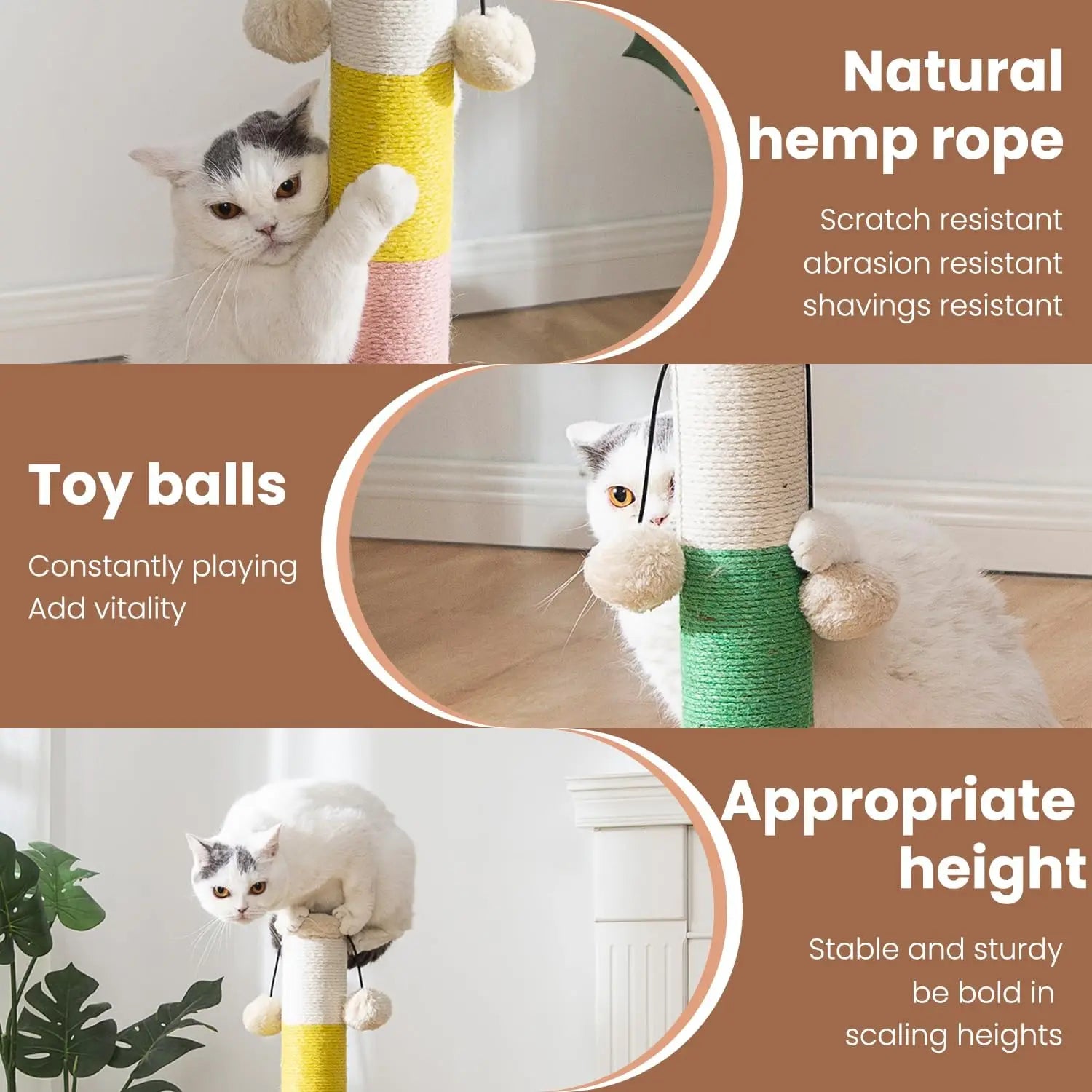 Scratching Post 30 Inch High with 4 Plush Teasing Toy Balls, Natural Sisal Rope Post and Thickened Base.