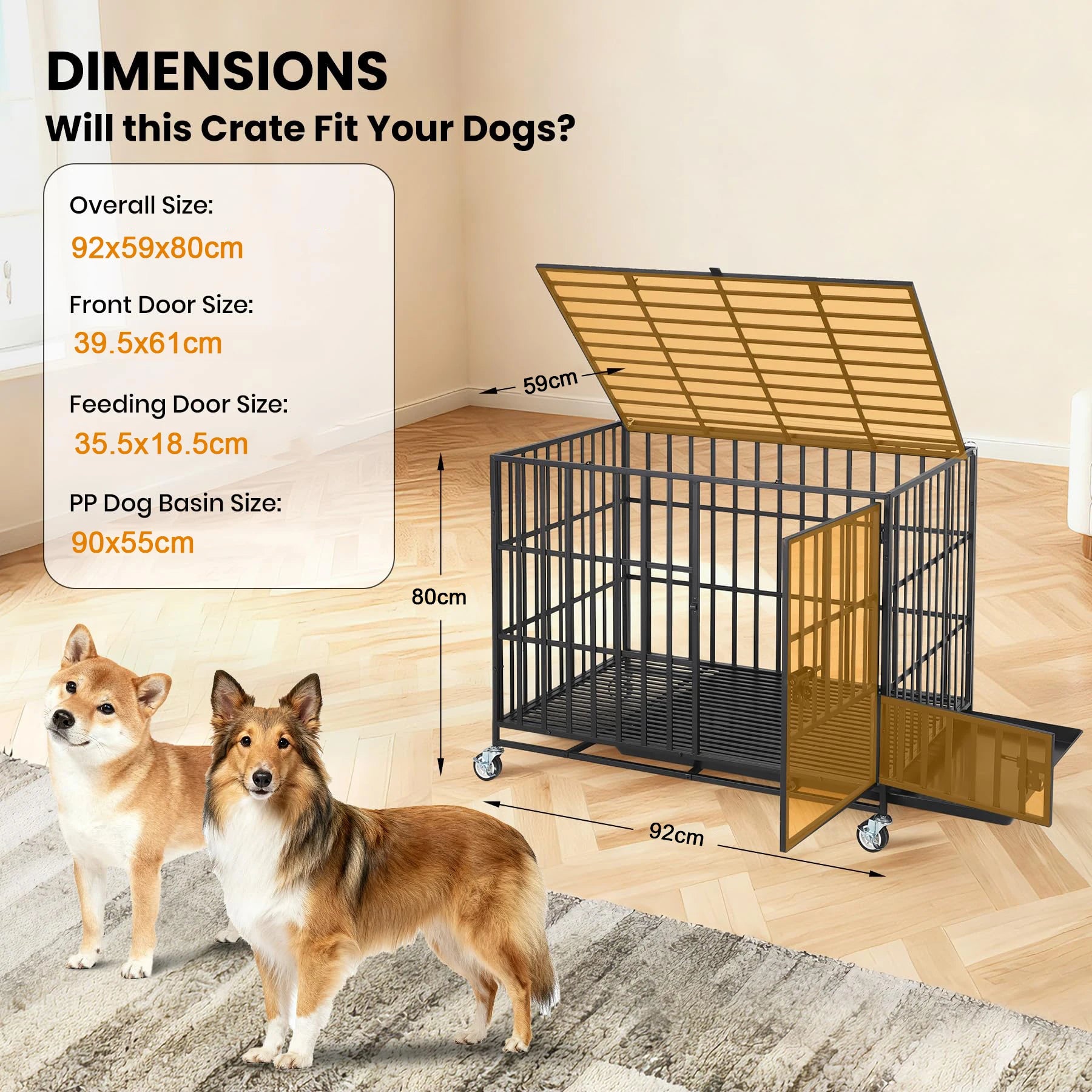 Heavy Duty Metal Dog Crate with 3 Doors, Removable Tray, for M/L Breeds.