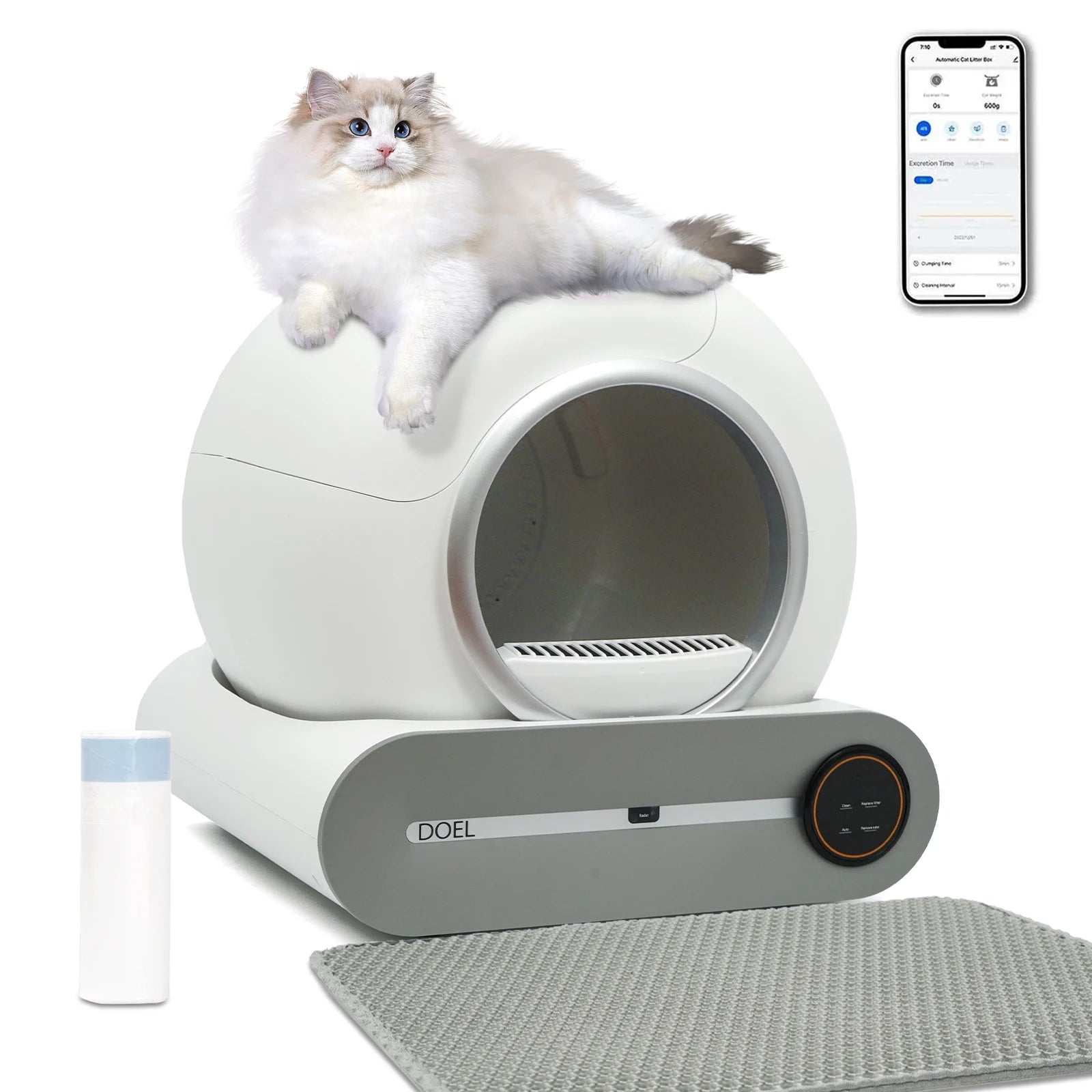 Self Cleaning Cat Litter Box with Trash Bag & Litter Mat Smart Cat Toilet Control 2.4G Wi-Fi.