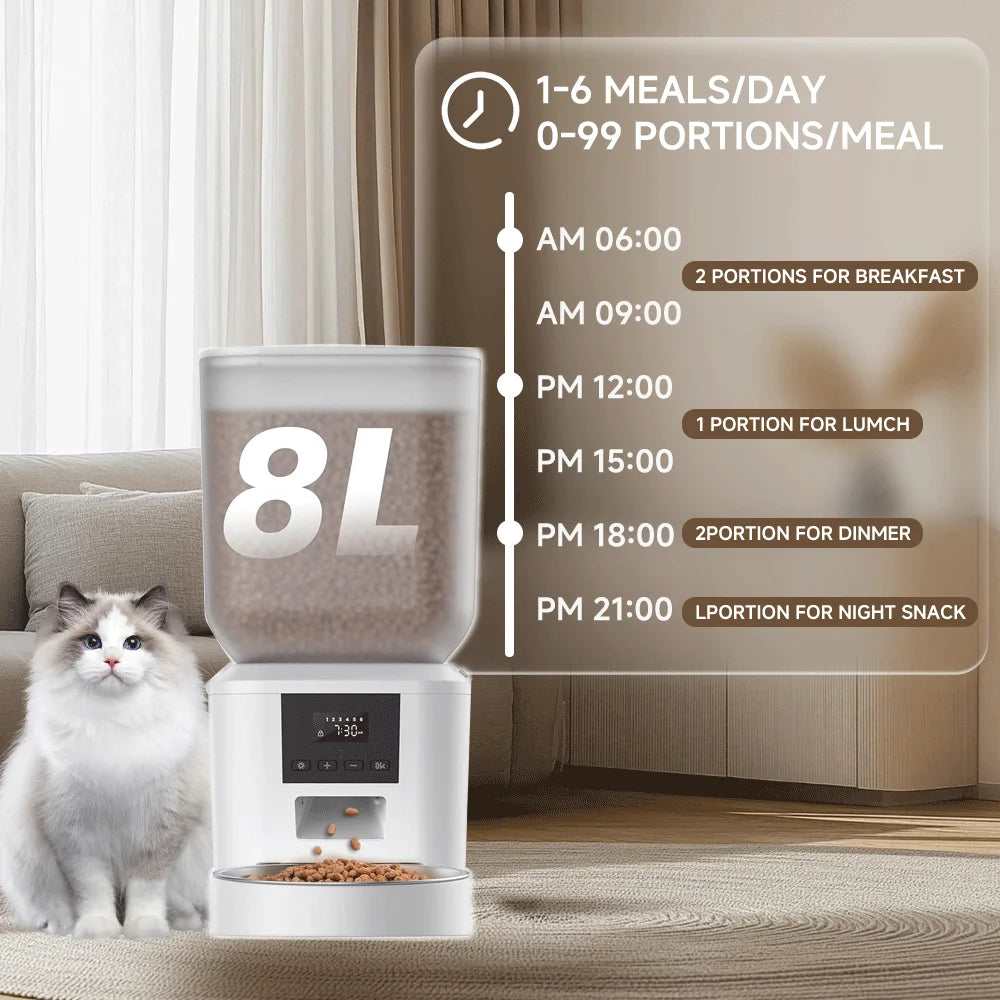 8 L Automatic Cat Feeder, Smart Pet Food Dispenser with Key Control, Voice Recorder, Dual Power Supply, Timed Auto Dog Feeder with Stainless Steel Bowl.