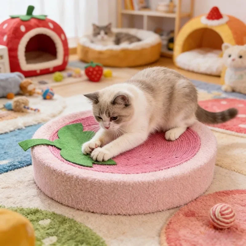 Cute Cartoon Cat Scratcher Bed Round Sisal Scratch Pad with Soft Plush Edge Wear-Resistant.  For Indoor Cat.