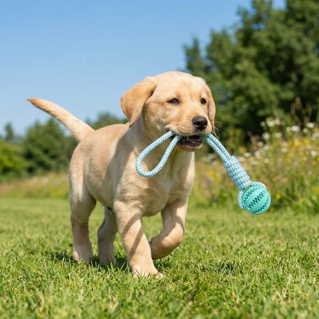 Cotton Rope & Rubber Dog Chew Ball. Durable Treat Dispenser Toy.  Keeps Dog Interactive and solves boredom.