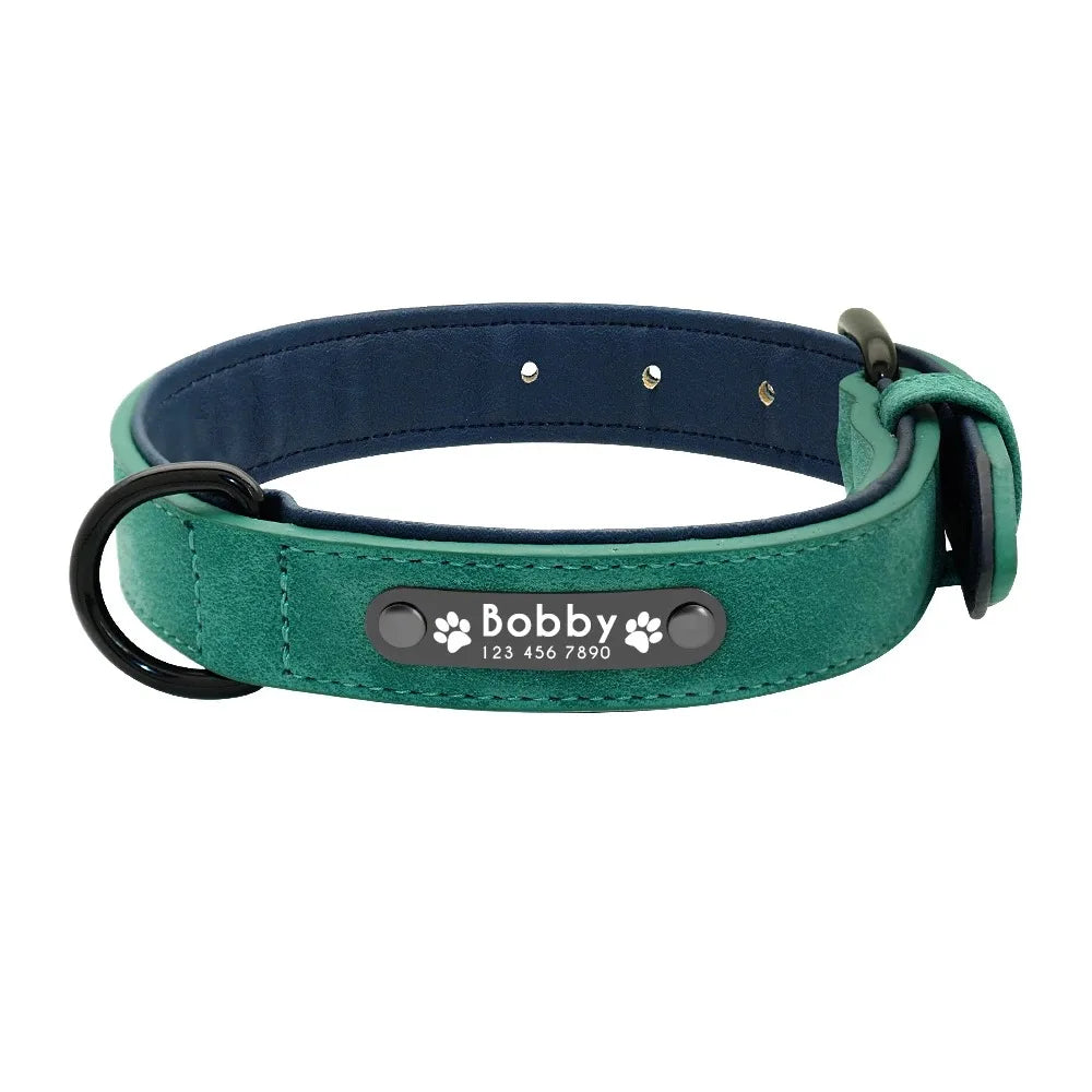 Personalized Name ID Tag Leather Dog Collar for Small, Medium and Large Dogs.