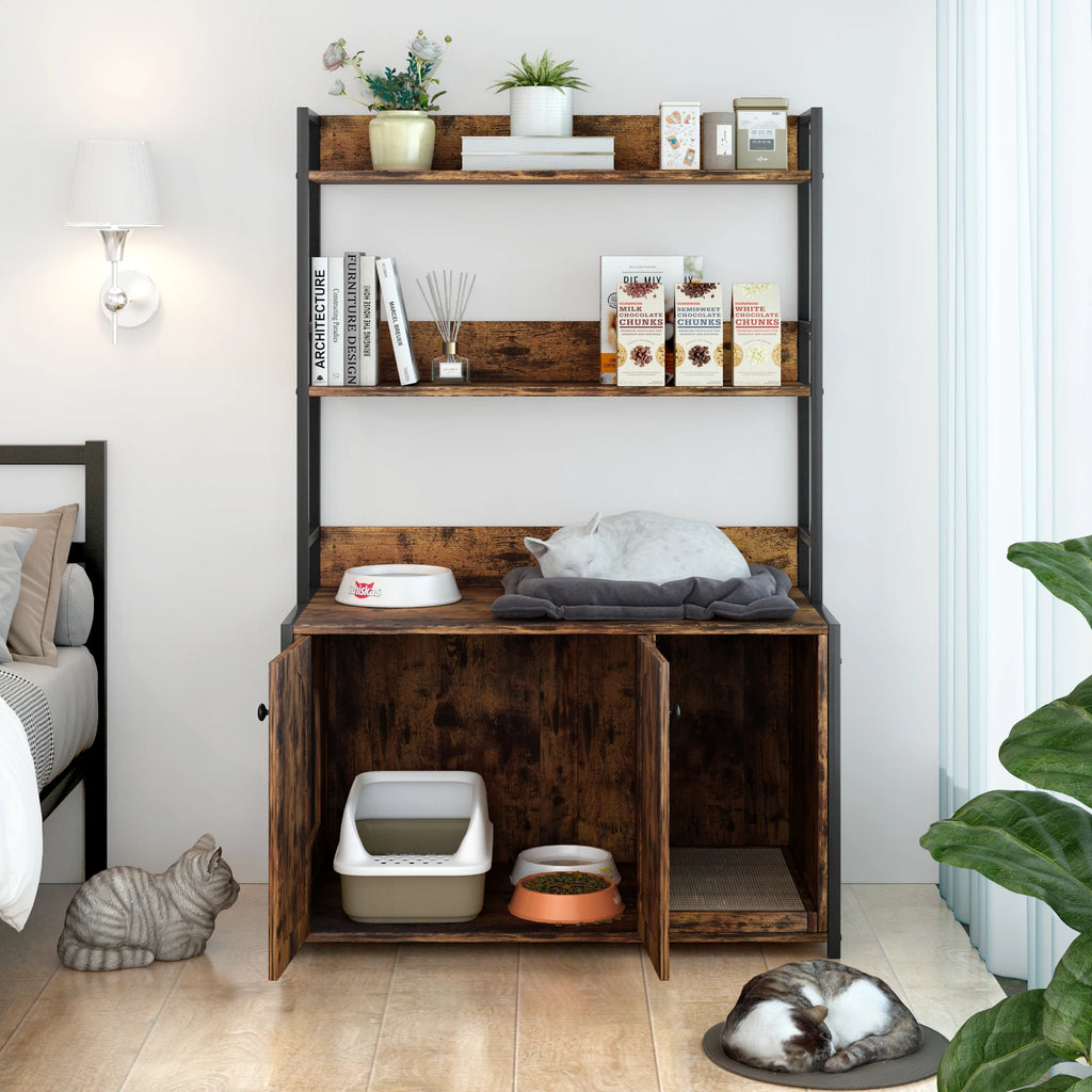 Wood Cat Litter Box Enclosure.  Furniture with Shelves. Indoor Cat Area with Scratch Pad.