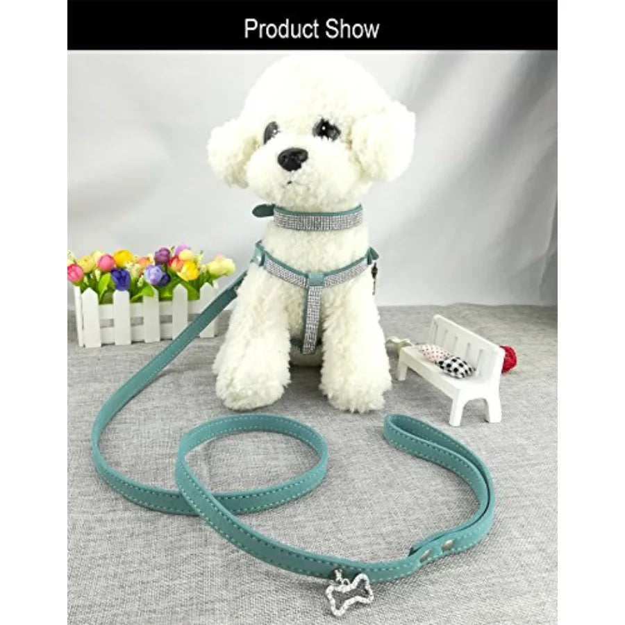 Dog Collar with Harness and Leash Sets.  Fashion Dog Collar Diamante with Harnesses and Leashes. Comfortable Soft Collar Harness and Leash.
