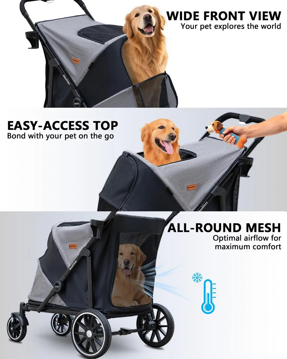 All-Terrain Pet Walking Stroller. Wear-Resistant Rubber Wheels, Air Mesh, Foldable Pet Stroller for Large Dogs & Cats up to 130 lb.