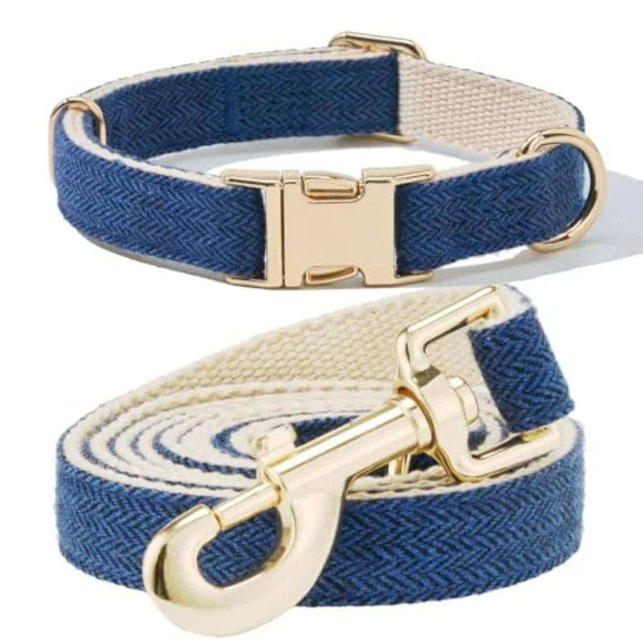 Luxury Soft Cotton Tweed Fabric Dog Collar and Leash Set with Gold Buckle.  Durable Fabric and  Stylish Design for Everyday Walks.