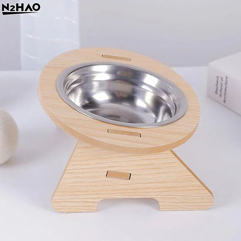 Elevated Cat Bowls 15° Tilted Raised Bowls.  Wooden Stand and Stainless Steel Bowls for Cats And Puppies.