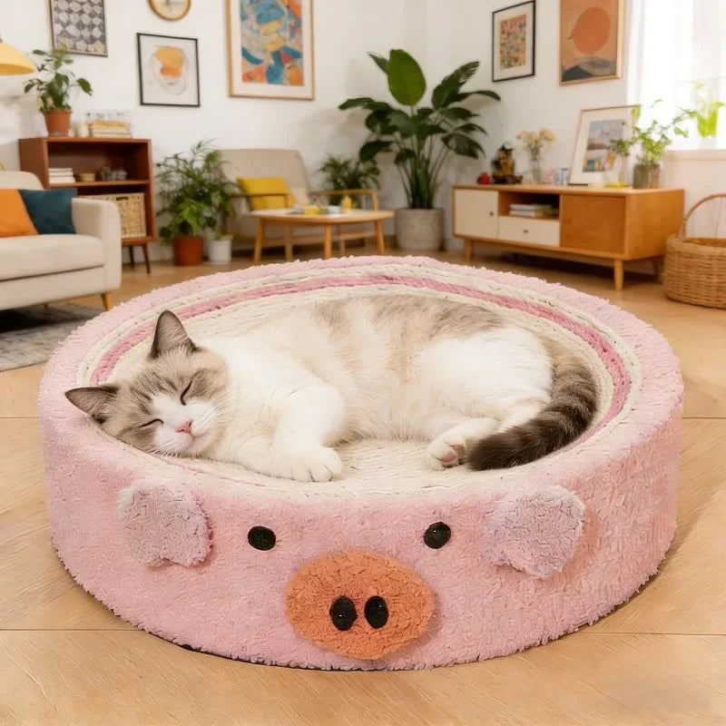 Cute Cartoon Cat Scratcher Bed Round Sisal Scratch Pad with Soft Plush Edge Wear-Resistant.  For Indoor Cat.