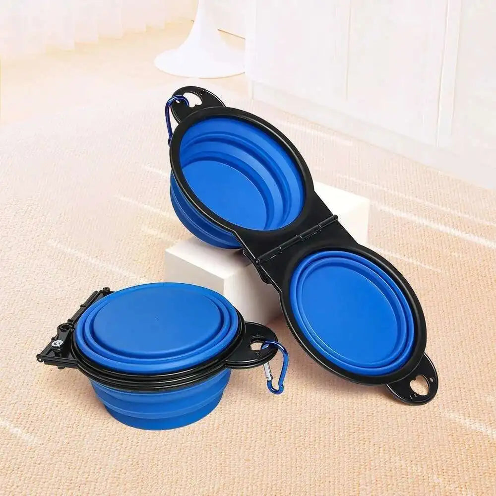 2 in 1 Collapsible Double Dog Travel Bowl.  Folding Bowl Allows One Side for Food and the Other for Water.