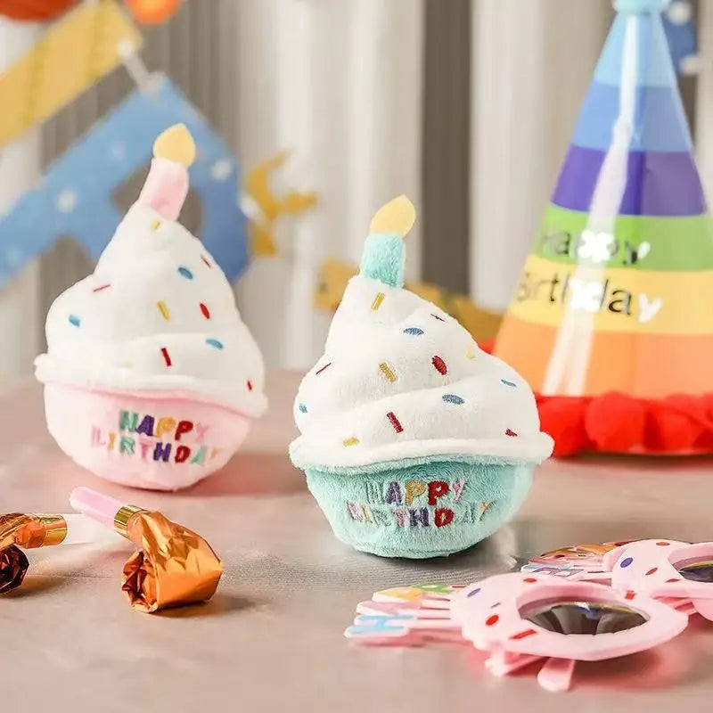 Dog Birthday Cake Squeaky Toy with Colorful Candles.      Durable Funny Stuffed Chew for Large Breeds Birthday Gift