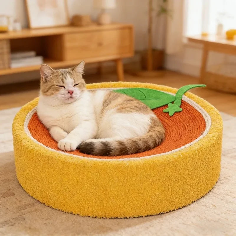 Cute Cartoon Cat Scratcher Bed Round Sisal Scratch Pad with Soft Plush Edge Wear-Resistant.  For Indoor Cat.