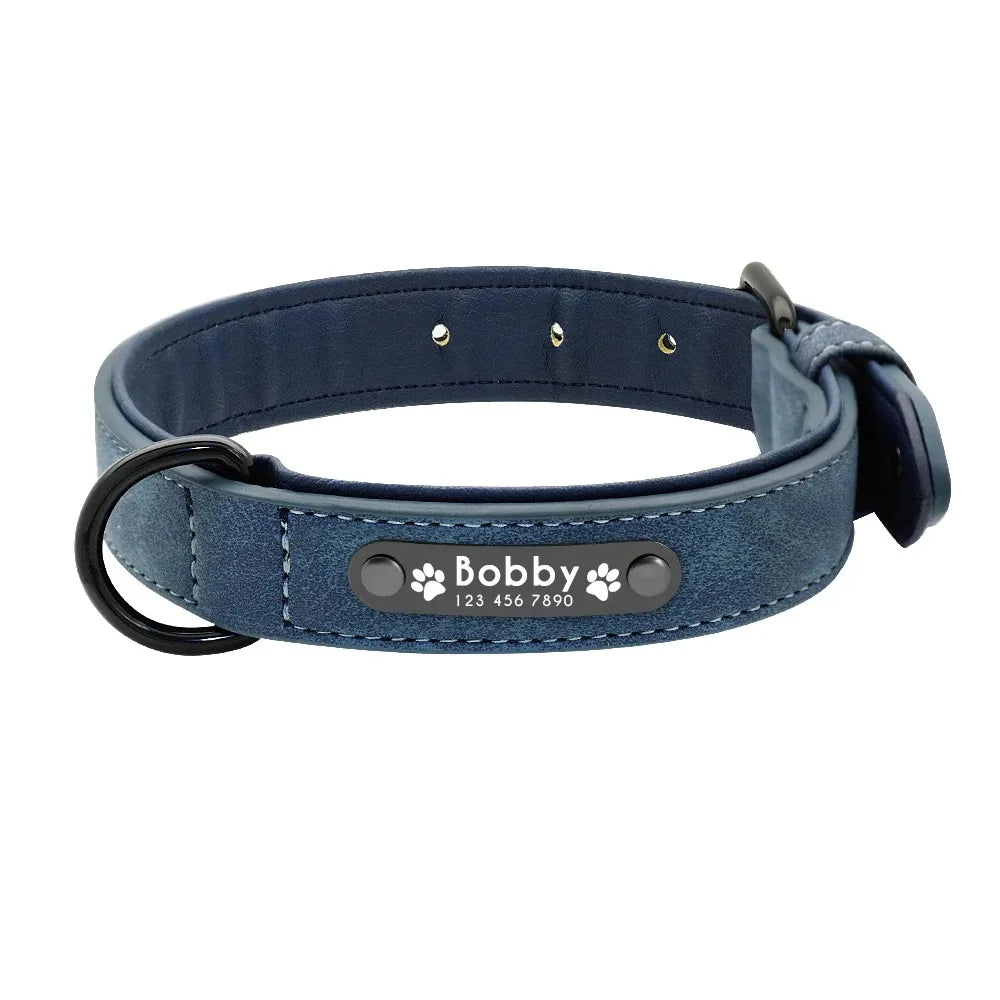 Personalized Name ID Tag Leather Dog Collar for Small, Medium and Large Dogs.