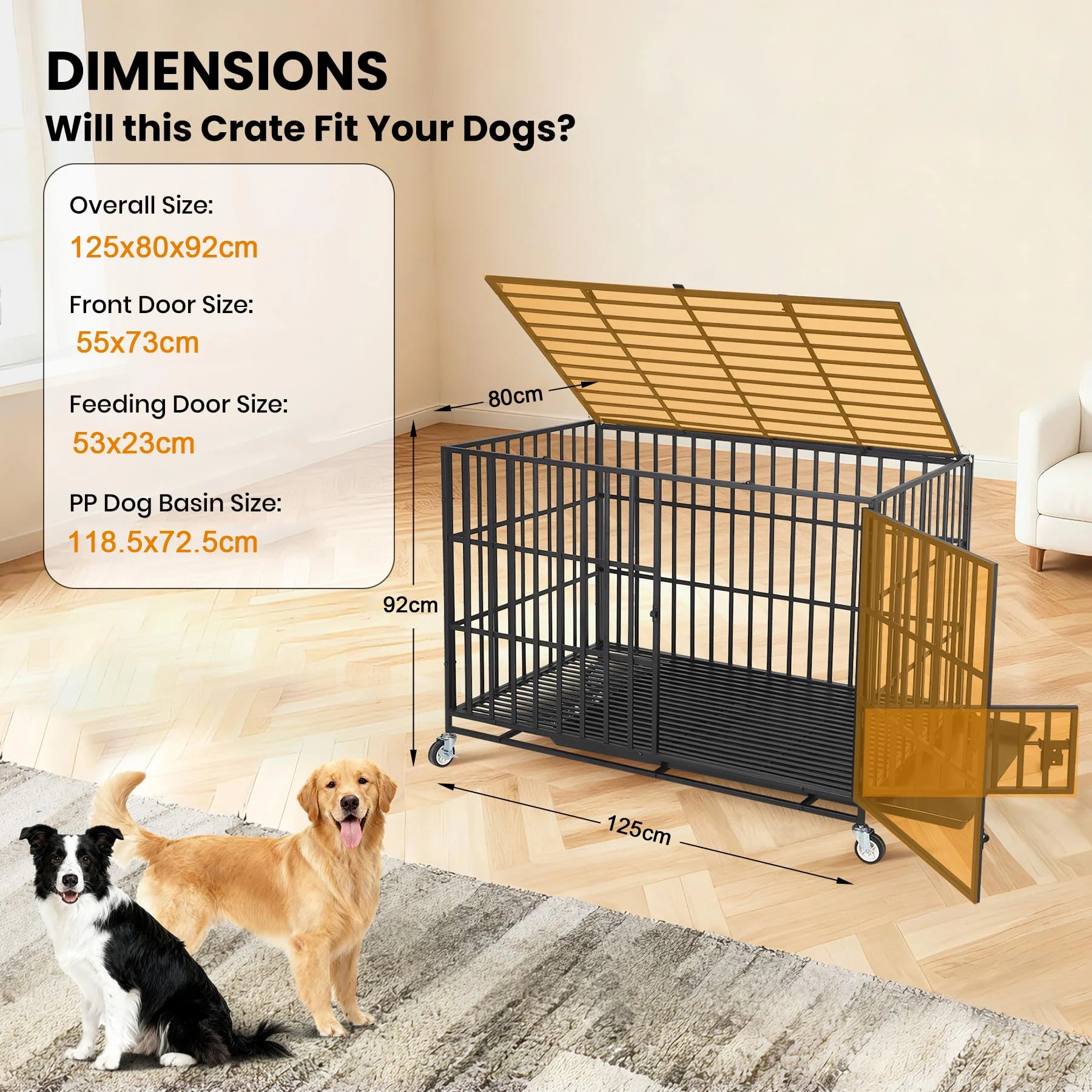 Heavy Duty Metal Dog Crate with 3 Doors, Removable Tray, for M/L Breeds.